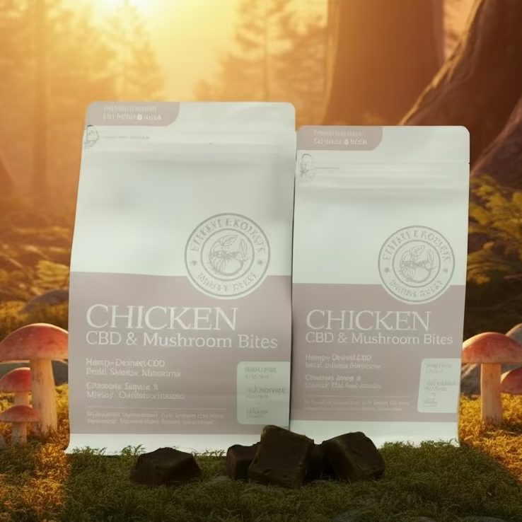 Two packages of Chicken Cbd bites with a background set in the forest with mushrooms growing around but feels warm and cozy
